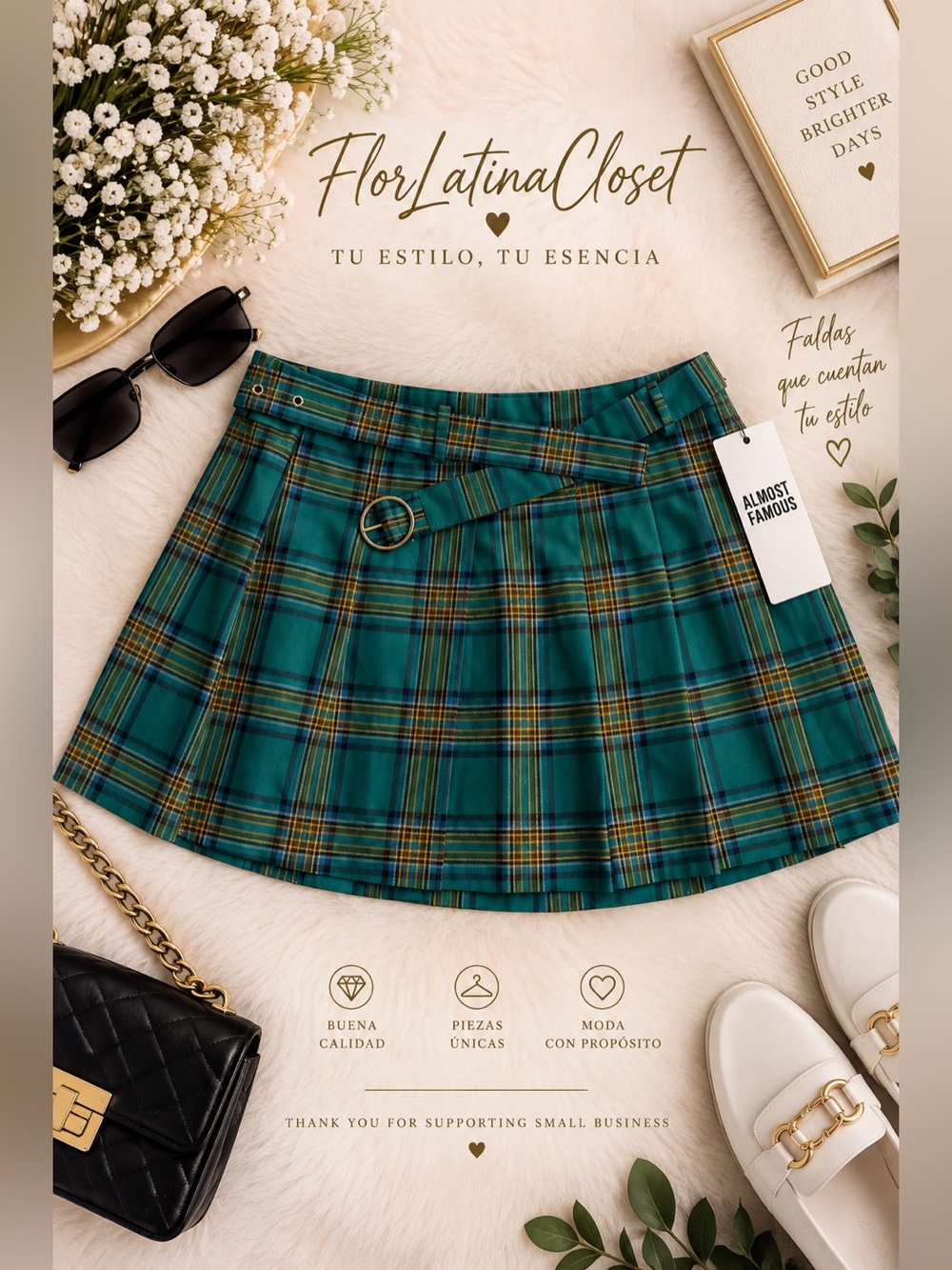 Almost Famous Teal Plaid Pleated Mini Skirt XL Belted